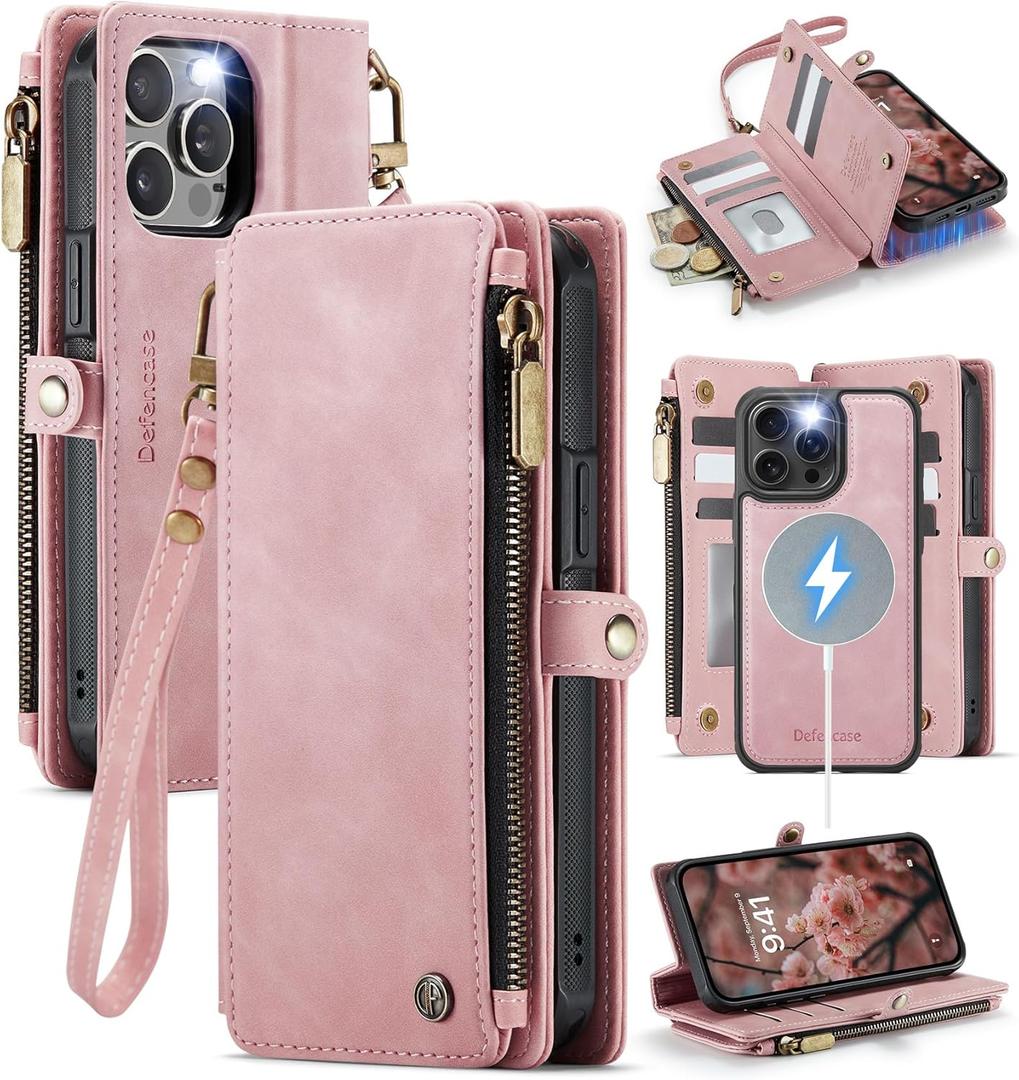 Defencase for iPhone 14 Pro Magnetic Wallet Case Compatible with Magsafe with RFID Blocking Zipper Strap Card Holder for Women, PU Leather Detachable Phone Case for iPhone 14 Pro (6.1 inch), Rose Pink