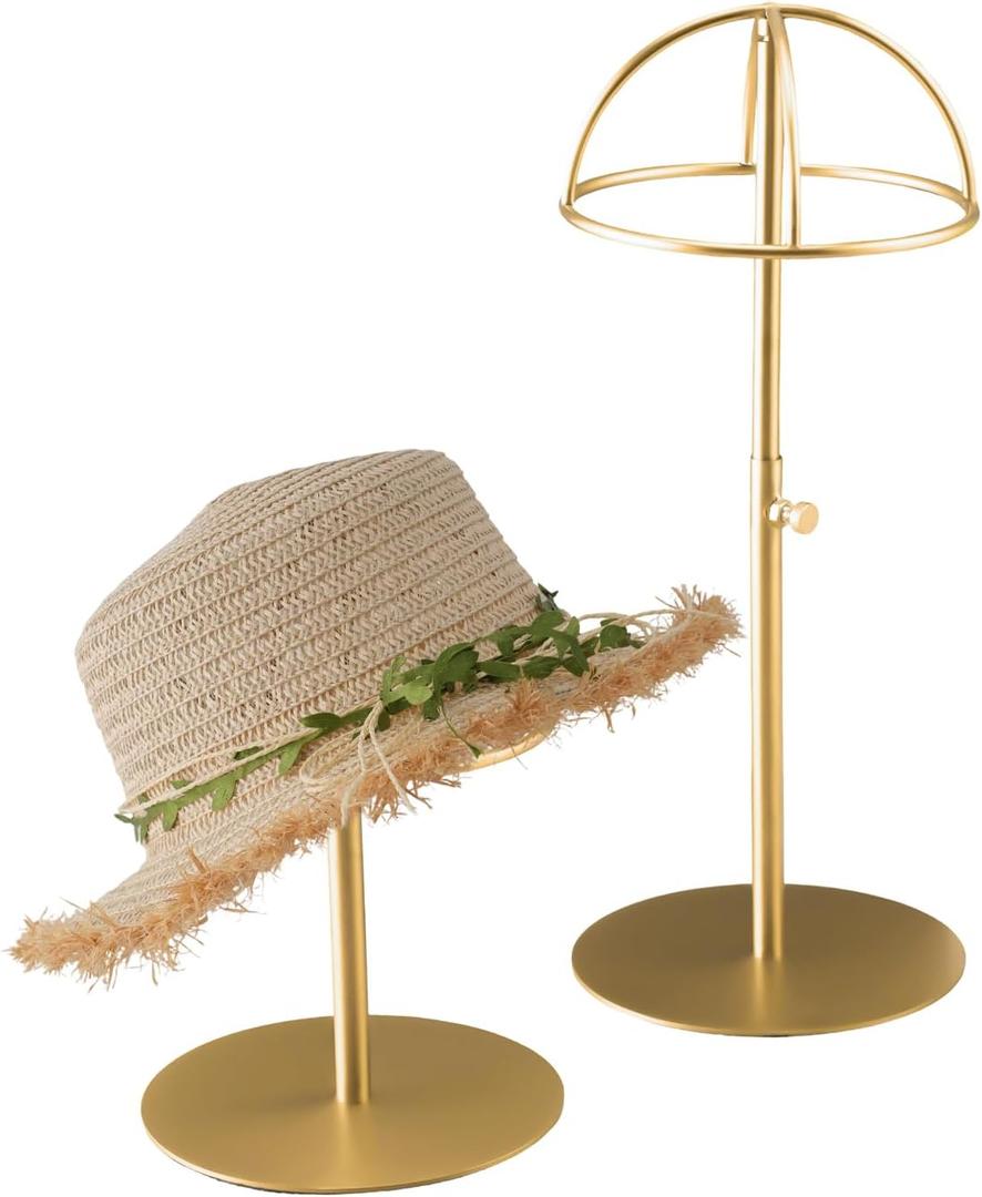Hat Display Stand 2PCS Stainless Steel Brushed Nickel Titanium Hat Stand Metal Golden Adjustable Height Cap Rack Showcase Fingerprint Resistant for Home Boutique Retail Store