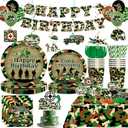 198pcs Army Birthday Party Decorations Include Camo Plates and Napkins Set, Banner, Hanging, Tablecloth, Balloon, Cupcake Topper, for Camouflage Hunting Military Theme Birthday Party, Serve 25