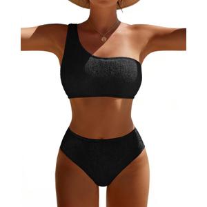Bikini Sets for Women High Waisted 2 Piece Bestselling Swimsuit Ribbed One Shoulder Tummy Control Bathing Suit 2026 (Small, Black)