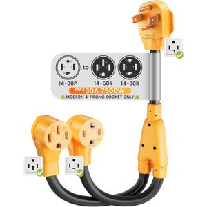 MECMO NEMA 14-30P to 14-50R EV and 14-30R 4-Prong Dryer Outlet Splitter for Modern 14-30R Receptacles Only, One Device at a Time Max 30A Shared, 24A Level 2 EV Charging, ETL Listed