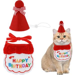 Small Dog Cat Birthday Hat Scarf Set, Cute Pet Birthday Bandana Party Supplies Puppy Happy Birthday Decorations Embroidered Birthday Gift for Girls Boys Kitten Dog(Red)