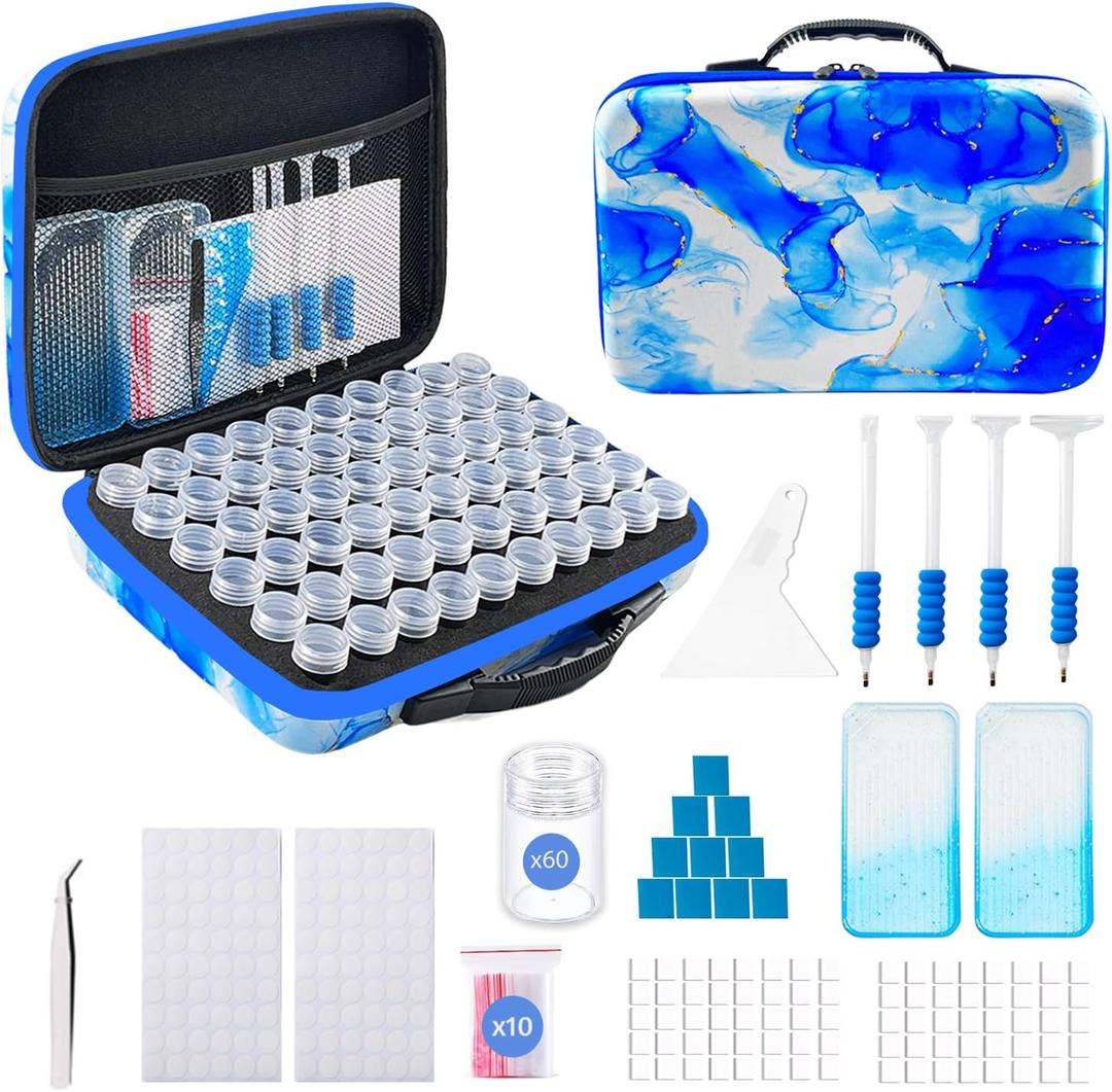 Diamond Art Storage Containers with Dot Drill Tools,60 Slots Bead Organizer Case for 5D DIY Art Kits, Portable Craft Box for Diamond Painting Accessories (Blue) (Medium)