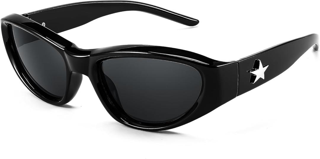 FEISEDY Y2K Wrap Around Fashion Sunglasses for Women Men Trendy Futuristic 2000s Accessories Oval Sunglasses B1088 (Black Frame Grey Lens)
