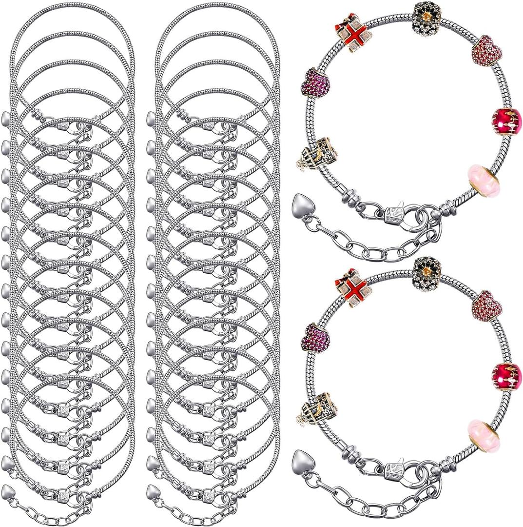 Hicarer 20 Pcs Chain Bracelet for Jewelry Making Women DIY Adjustable Snake Charm Bracelet with Heart Shape Extender Chain(Silver)
