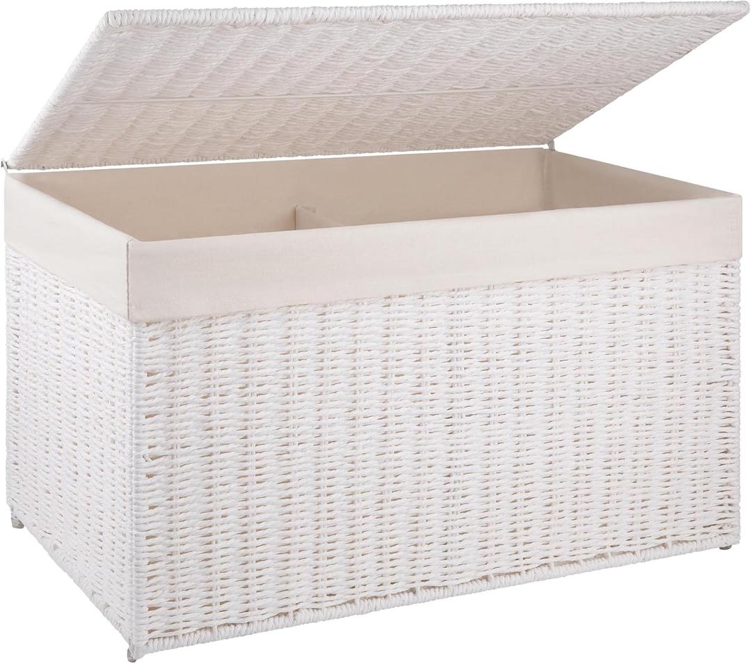 OIAHOMY Storage Basket with Lid, 27.7 Gallon (105L) Blanket Basket with Removable Separated Liner Bag, Paper Rope Hamper with Handle, Foldable, Shelf Basket for Living Room, White