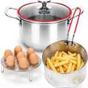Deep Fryer Pot with Basket, Cooking Pot with Strainer Basket, 4.0L/4.2QT Multi-function Pot with Anti-scald Handle, Egg Steamer Rack & Lid, Stainless Steel Cookware for Home Kitchen Outdoor Camping