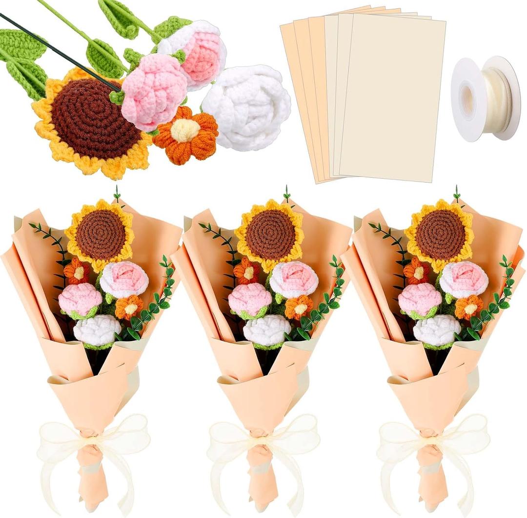 27 Pcs Crochet Flower Bouquet Gifts for Mother's Day, Handmade Knitted Crochet Flower Bouquet with Roses Sunflowers Daisies for Mom Mother(Charming,Orange Series)