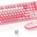 Wireless Keyboard Mouse, 104 Full Size Cute Colorful Keyboard and Mouse with Retro Typewriter for PC / Mac / Laptop / Tablet / Computer / Windows / Microsoft, Pink