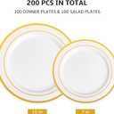 AOZITA 200PCS Gold Plastic Plates Set, Heavy Duty Disposable Plates for Party & Wedding, Includes 100 Dinner Plates and 100 Dessert Salad Plates, Elegant White with Gold Rim Dinnerware