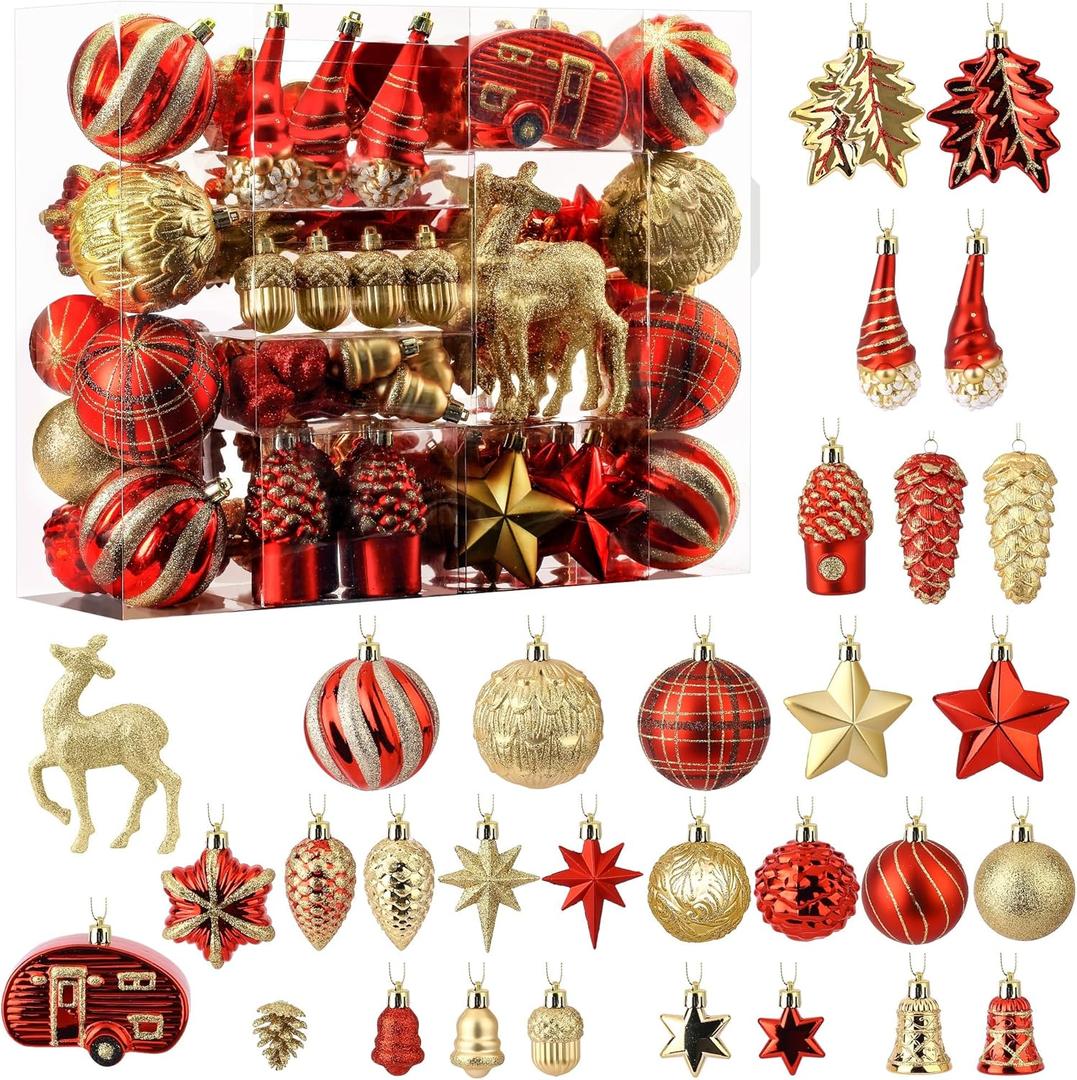 Alupssuc 103pcs Christmas Balls Ornaments Set, Gnome Christmas Tree Decorations with Hanging Strings, Shatterproof Plastic Baubles for Xmas Tree Holiday Wedding Party Decorations, Red and Gold