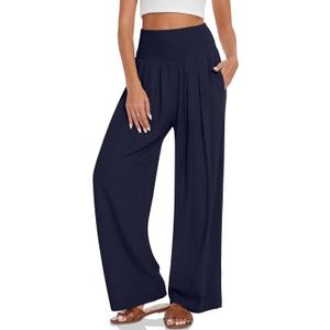 TARSE Womens Summer Linen Palazzo Pants Boho High Waisted Wide Leg Casual Long Lounge Pant Trousers with Pockets (Blue, M)