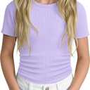 Girls' Shirt Short Sleeve Basic Top Tween Summer Ribbed T-Shirt Teen Cute Fitted Soft Tee for Kids Aged 5-14