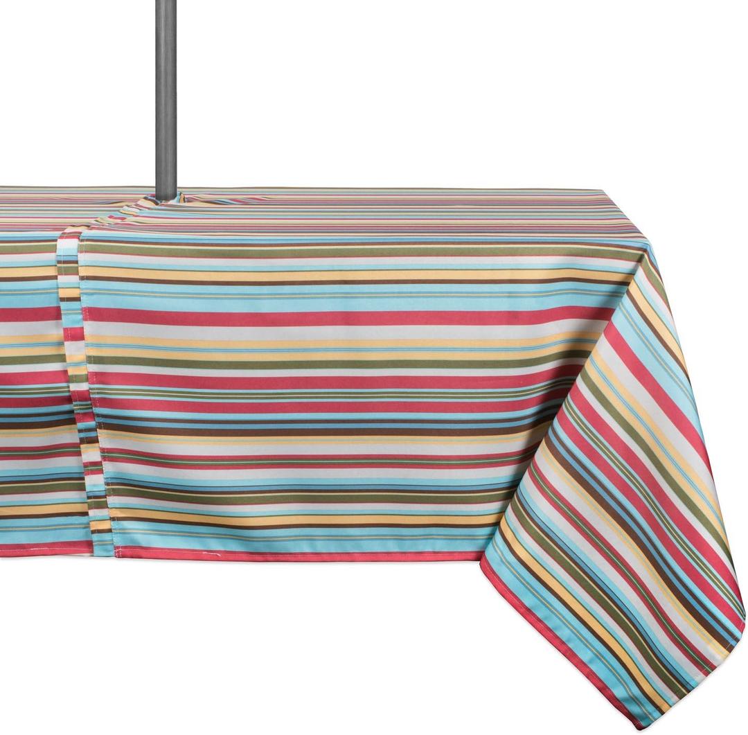 DII 100% Polyester, Spill proof and Waterproof, Machine Washable, Outdoor Tablecloth With Zipper and Umbrella Hole, 60x120", Warm Summer Stripe, Seats 10 to 12 People (CAMZ34859) (Sunset)