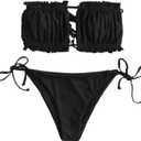 ZAFUL Women 2 Piece Strapless Bikini Swimsuits Ruffle Ribbed Self Tie Bandeau Bikini Set High Cut String Bathing Suits (Large)