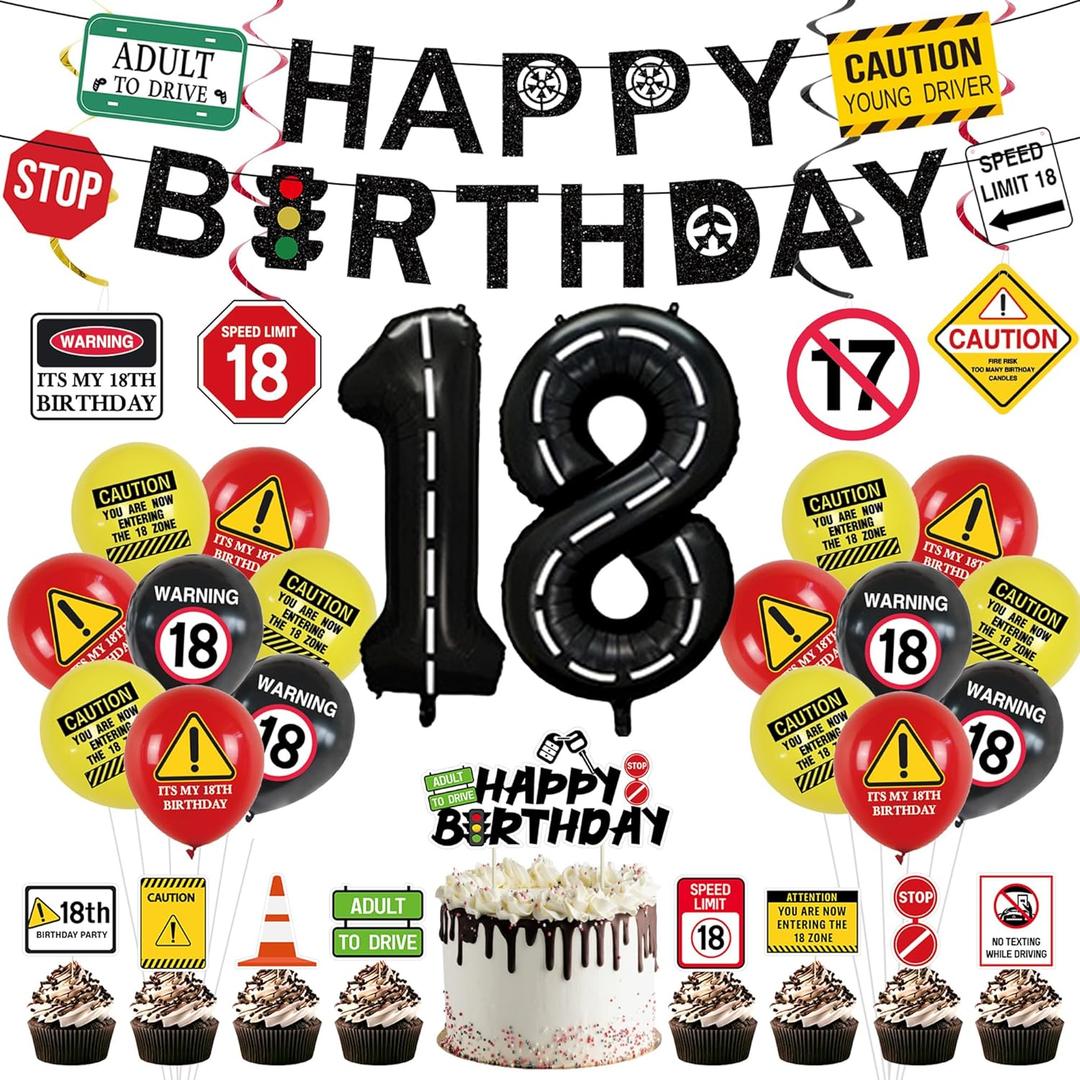 Roetyce 18th Birthday Decorations for Boys Girls , Caution Logos Happy 18th Birthday Banner Balloons Hanging Swirls Cake Topper Kit, Funny 18 Years Old Party Background