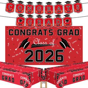 Graduation Decorations 2026 - Red Congrats Grad Banner Backdrop Tablecloth Set - Graduation Decorations Class of 2026 | Graduation Party Favors Supplies