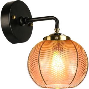 1-Light Glass Wall Sconce Light with Amber Ribbed Glass Shade Modern Wall Lamp Black Gold Brass Bathroom Vanity Light Mid Century Art Deco Wall Light Fixture Bedside Bedroom Doorway