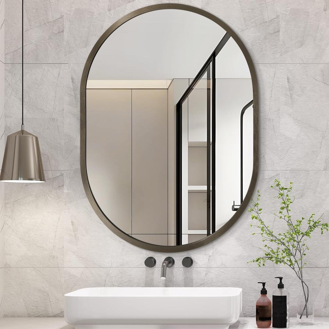JJUUYOU Wall Mirror Small Oval Mirror for Bathroom Vanity Mirrors for Wall 16"x20" Metal Frame Make up Mirrors for Entryway Living Room Bedroom Dorm Decorative Brown