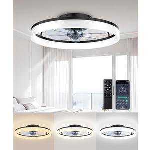 AQUBT Ceiling Fans with Lights and Remote, 19.5" Modern Low Profile Ceiling Fan with Light, Stepless Color Temperature Change and 6 Speeds for Bedroom, Kids Room and Living Room (Black)
