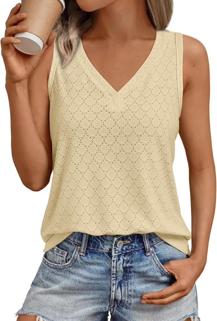 AUTOMET Tank Top for Women Eyelet Embroidery Summer Sleeveless V Neck Loose Fit Flowy Casual Tops 2025 Trendy Beach Vacation Fashion Shirts Basic Boho Cute Outfits Yellow, XL