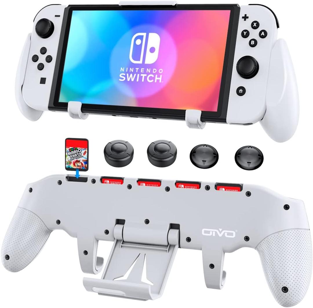 OIVO Switch Grip with Upgraded Adjustable Stand, Asymmetrical Grip with Adjustable Stand and 5 Game Slots-4 Thumb Caps Included-White (Switch Grip-White)