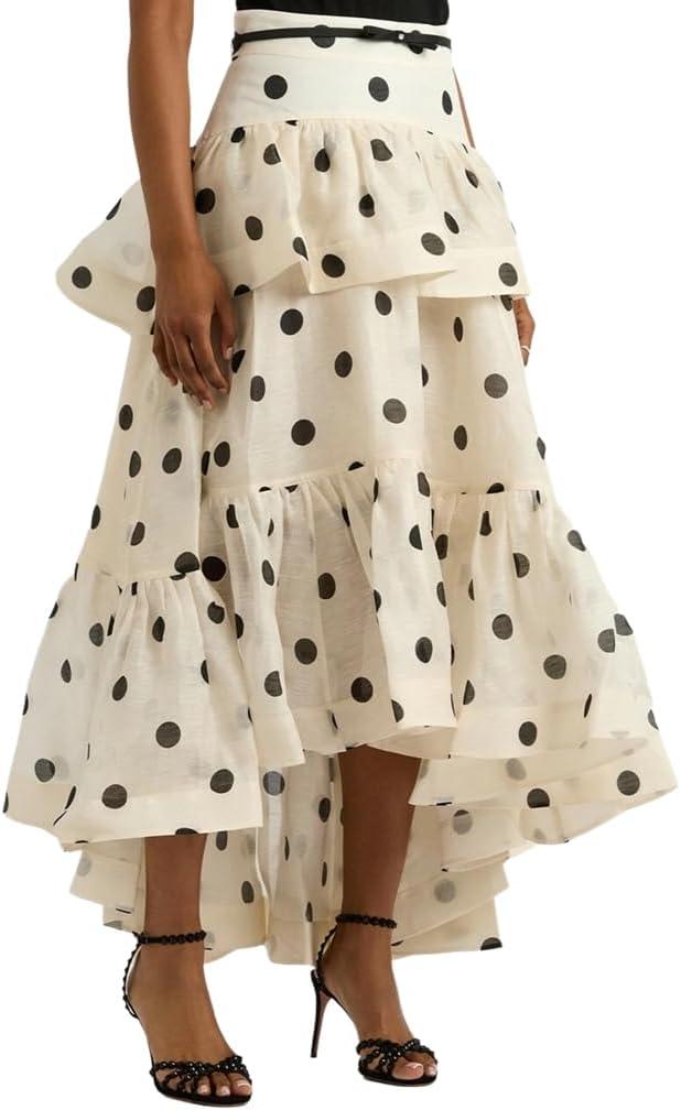 Wuitrie Polka Dot Long Skirt for Women 2025 Trendy Spring Summer Ruffle Irregular Medium Long Pleated Skirts , Small, White 