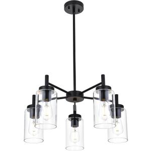 5-Light Contemporary Black Chandelier, Modern Industrial Dining Room Light Fixtures Over Table, Ceiling Hanging Kitchen Island Pendant Lighting Fixtures w/Clear Glass Shade for Entryway Foyer