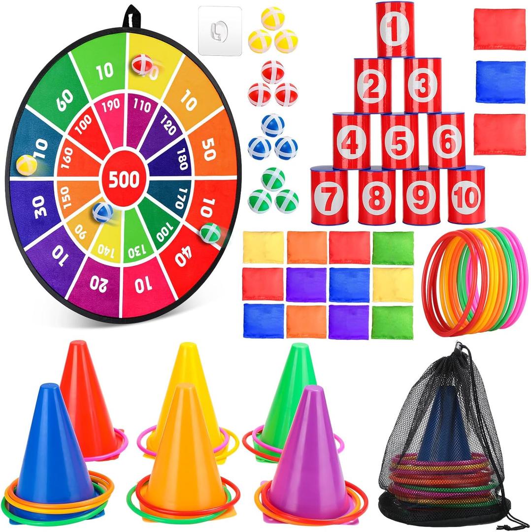 Hungdao 3 Sets Carnival Games Combo Set, Dart Board with Balls Plastic Cones Ring Bean Bags Toss Game for Boys Girls Adults Family Birthday Yard Indoor Outdoor