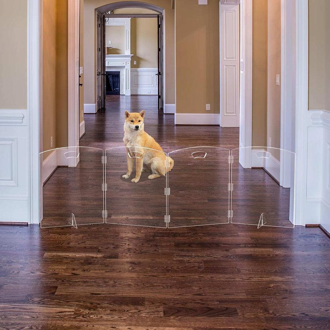 Clear Freestanding Dog Gate for Indoor Use,Pet Gates for Doorways no Drilling,Acrylic Foldable Dog Gate for Stairs with Support Feet (4 Panel - 80''W x 23''H)