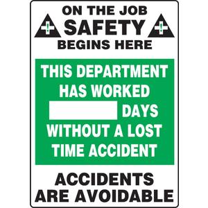 AccuformNMC Write-A-Day Dry Erase Safety Scoreboard Sign, On the Job Safety - This Department Has Worked # Days Without a Lost Time Accident, 20 x 14 Plastic Wall-Mount, Made in USA, MSR120PL