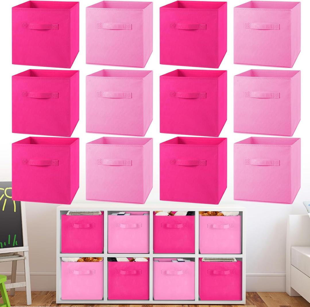 Yinder 12 Pcs Cube Storage Bin Pink 11'' Storage Bins for Playroom Decor Colorful Bins for Kids Foldable Baskets for Nursery Organizer Boxes Fabric Boxes (10.5''x10.5''x11'', Dark Pink, Light Pink)