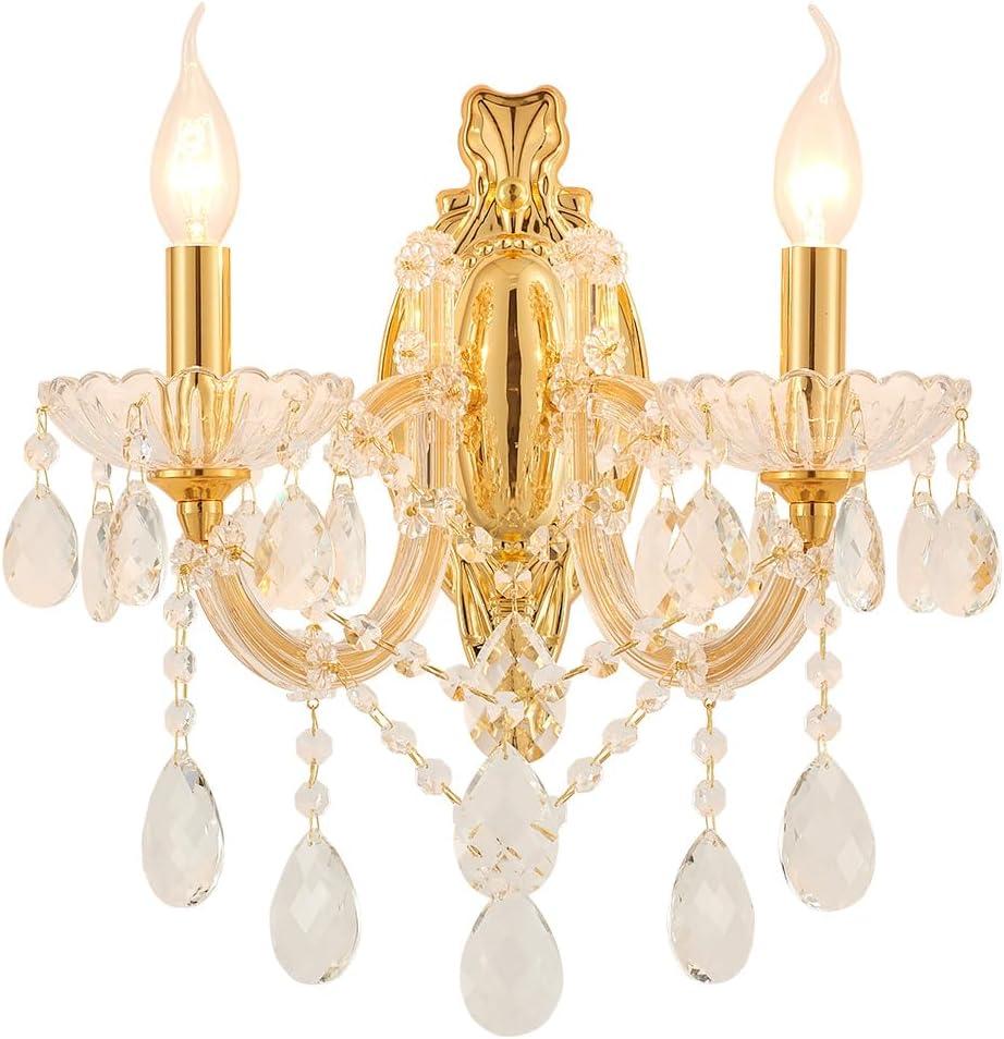 YLONG-ZS Gold Crystal Wall Sconce Lighting, 2-Light Modern Crystal Wall Light Fixture Wall Lamp Light Fixtures for Living Room Bed Room Bathroom Light Fixtures,Gold Finish