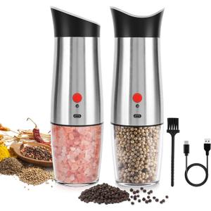 Electric Salt and Pepper Grinder Set: - for Gravity Automatic Sea Salt Grinder Set Spice Pepper Shakers with Adjustable Coarseness USB Rechargeable Battery Power Peppercorn Mill (Silver)