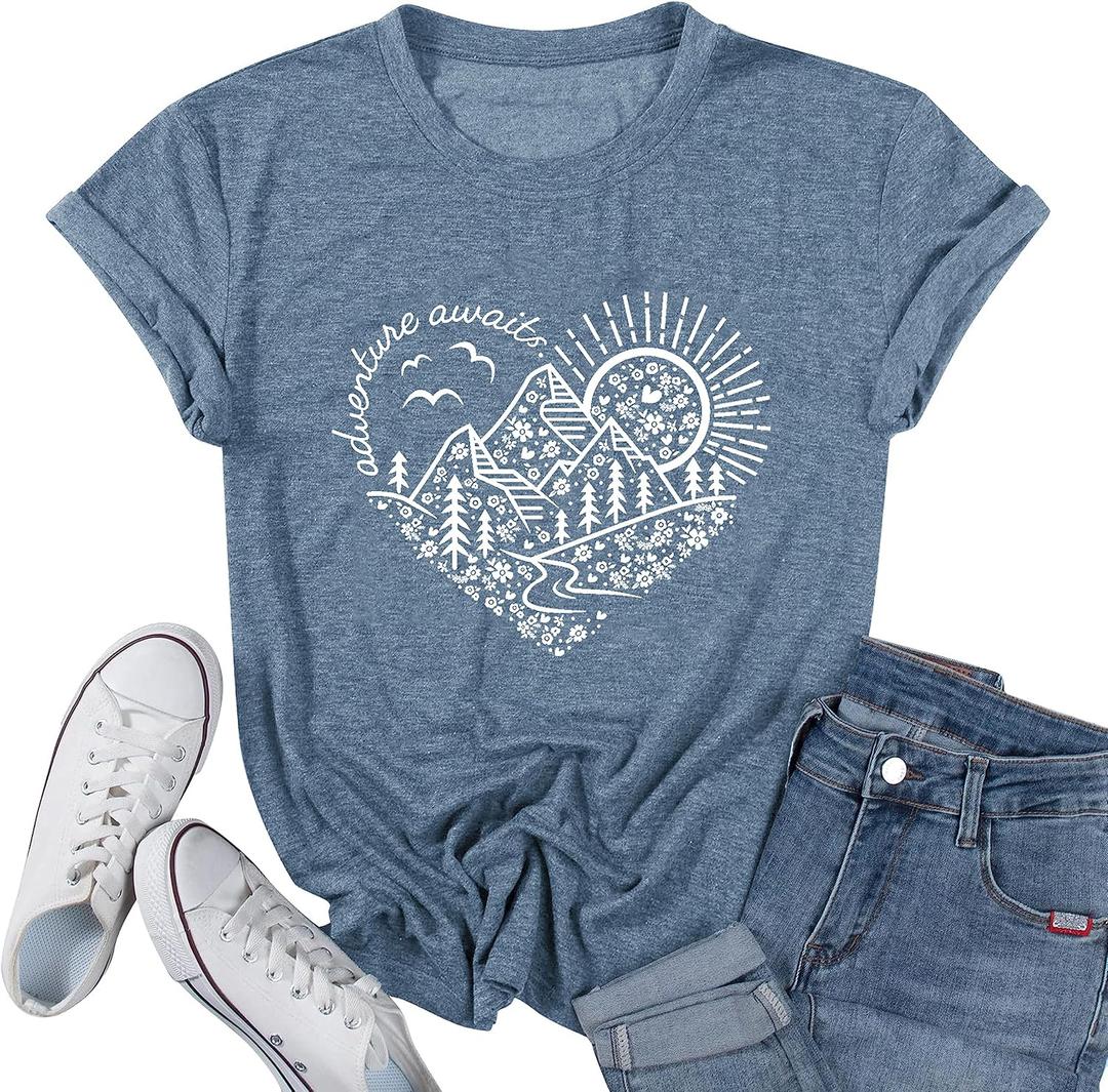 Women Adventure Awaits Outdoor Graphic Tee Shirt Kindness Heart Printed Hike Mountain Nature Travel Shirt Workout Tops XL