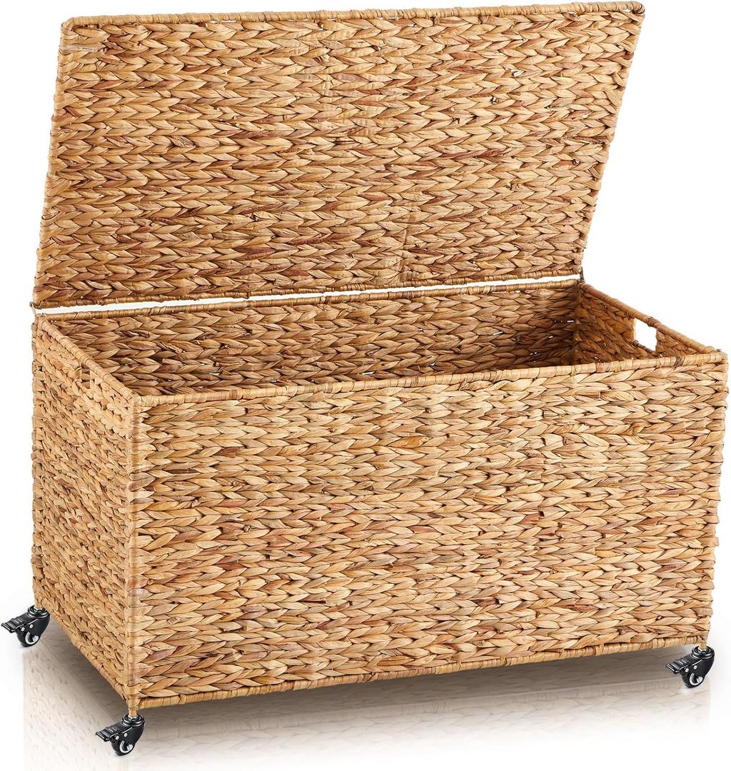 Wonderjune 36 x 20 x 18.5 Inch Rolling Wicker Storage Basket with Lid and Locking Wheels, Water Hyacinth Storage Trunk, Heavy Duty Metal Frame Woven Blanket for Seasonal Clothes Laundry Room, Bedroom