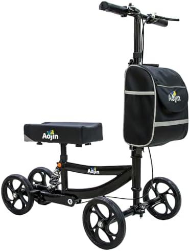 Aojin Knee Scooter, 300lbs Capacity, 13" Big PU Seat, All Terrain Foldable Knee Scooter Walker with Bag for Foot Injuries Compact Crutches Alternative (Black)