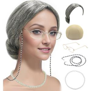 Old Lady Costume Set Grandma Wig Cap Madea Granny Glasses Eyeglass Chains Cords Faux Pearl Bead Necklace Cosplay Set 5 Pieces (Base Size, Grey Bun)