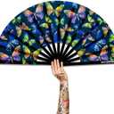 UV Glow Rave Fan, Bamboo Folding Clack Hand Fans Foldable for Men Women, Boots on the Ground Poping Fan for EDM Festival Line Dance Decoration, (Butterfly-1, Large 13")