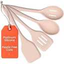 NonToxic Platinum Silicone Kitchen Utensil Set of 4 – NonScratch Cooking Spoon & Spatula, 100% Plastic Free, Stainless Steel Core, Heat Resistant 500°F, Beige