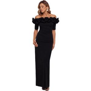 Xscape Women's Long Off The Shoulder Scuba Crepe Dress (Reg and Petite), Black, 16P