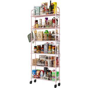 6 Tier Slim Rolling Storage Cart with Wheels, Metal Mobile Shelving Unit Organizer Utility Cart for Office Bathroom Kitchen Laundry Room Narrow Places (Pink 6 Inches)