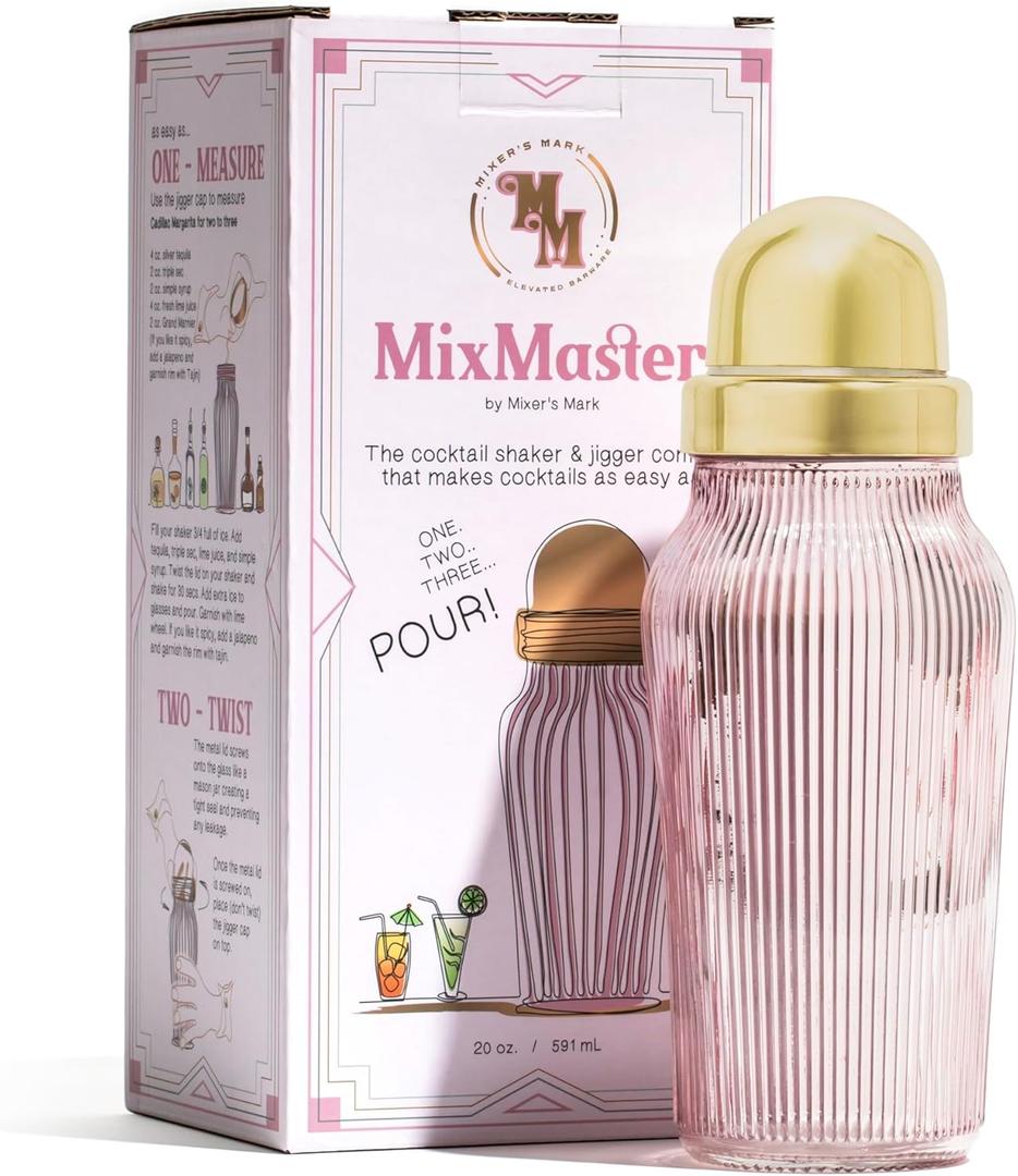 The MixMaster Cocktail Shaker with Strainer and Jigger Measuring Cap - Art Deco Leakproof Glass Drink Mixer for Crafting Cocktails - Innovative Home Bartending Supplies and Accessories - Pink