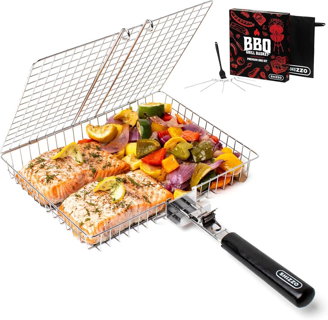 SHIZZO Grill Basket Set, Barbecue BBQ Grilling, Stainless Steel Folding Portable Outdoor Camping Rack for Fish, Shrimp, Vegetables, Cooking Accessories, Gifts for Dad, Husband, Friends