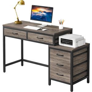Tribesigns Computer Desk with 5 Drawers, Home Office Desks with Reversible Drawer Cabinet Printer Stand, Industrial PC Desk with Storage, Grey Study Writing Table Workstation for Small Spaces