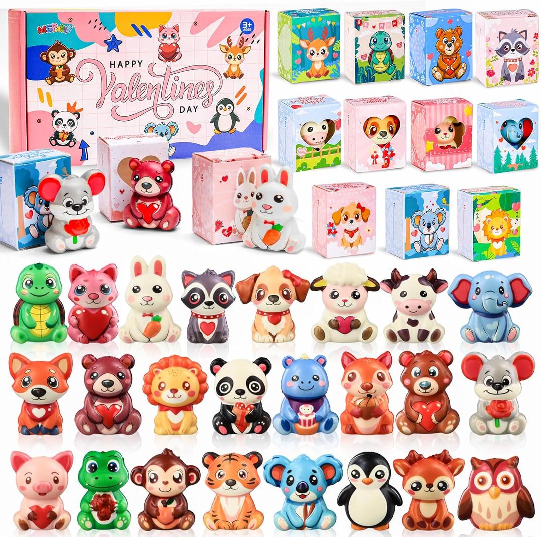 24 Pack Valentines Day Gifts for Kids Classroom, Cute Animal Stress Relief Squishy Toys in Prefilled Boxes, Valentines Classroom Exchange Party Favors Goodie Bag Stuffers