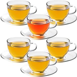 7oz Glass Tea Cups and Saucers,6 Pack Clear Teacup and Saucer Set,Glass Tea Cups with Handles for Cappuccino,Tea,Juice