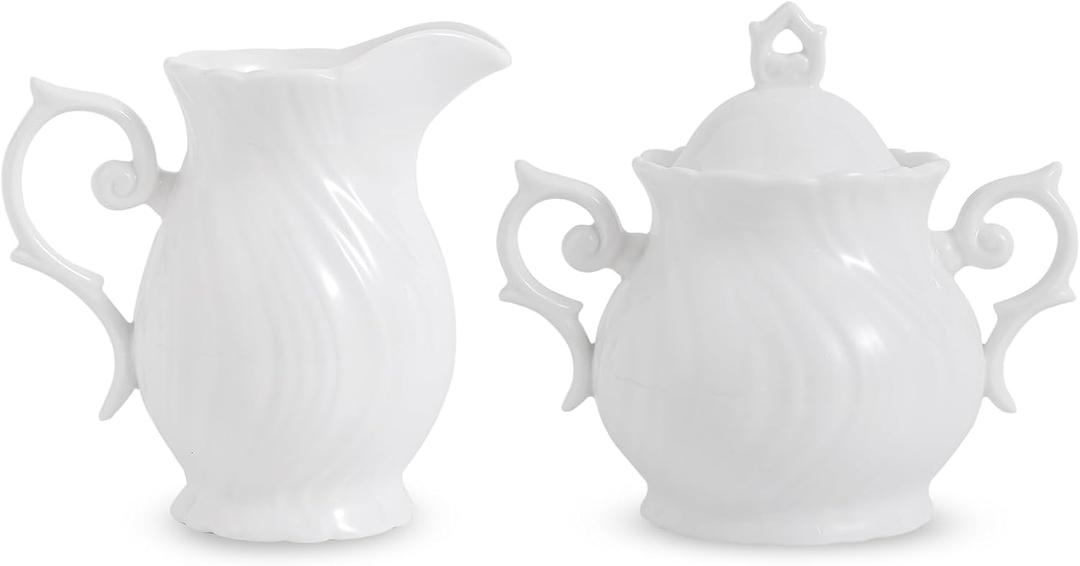 Agyiuns Sugar and Creamer Set Ceramic, Creamer Pitcher and Sugar Bowl with Lid, Creamer Pitcher with Handle,Sugar Cube Dish Coffee or Tea, White (white)