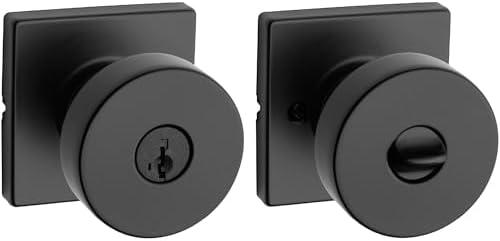 Kwikset Pismo Entry Door Knob with Lock and Key, Secure Keyed Handle Exterior, Front Entrance and Bedroom, Matte Black, Pick Resistant SmartKey Rekey Security and Microban, Square Rose
