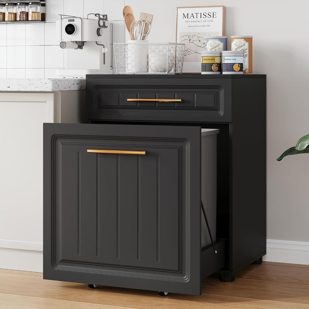 ZIFTY Double Pull Out Trash Can Cabinet, 2×10 Gallon, Laundry Hamper, Black | Pet Proof, Freestanding Kitchen Trash Cabinet, Hideaway Drawer, Garbage Recycling, Modern Farmhouse Waste Bin Furniture